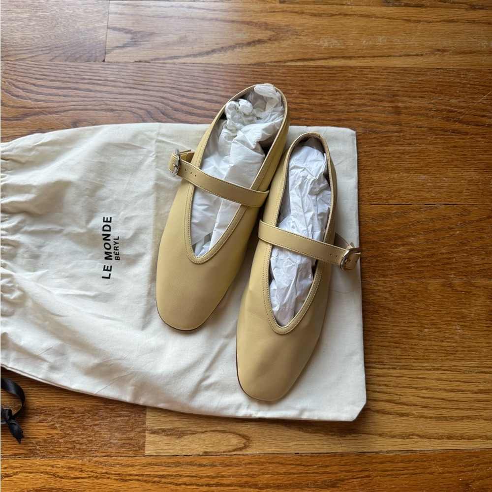 Pale Yellow Mary Jane Leather Flats with Buckle Strap - Picture 5 of 6